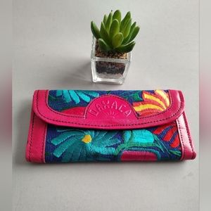Wallet Leather Embroidery Hand Made By Oaxaca Mexico Color Fiusha  New Artisanal